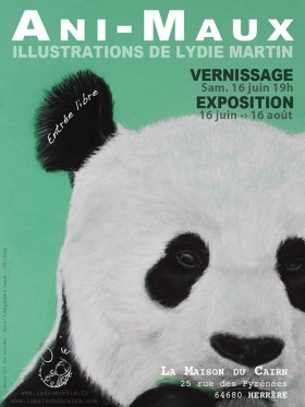 Affiche de l'exposition d'illustrations Ani-Maux de Lydie Martin: illustrations d'animaux en voie de disparition